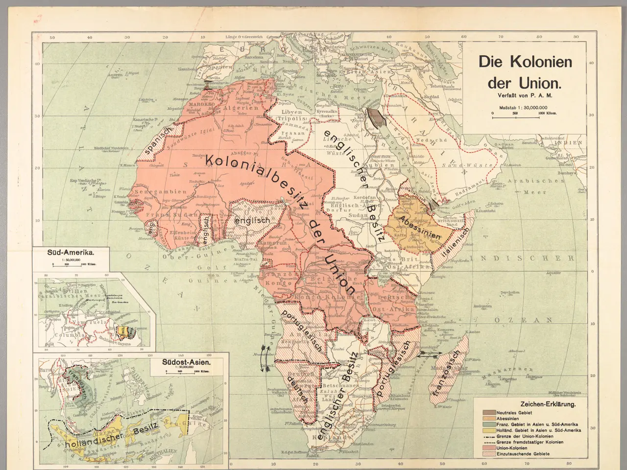 The image shows an old map of Africa with the extent of the African Union clearly visible. The map...