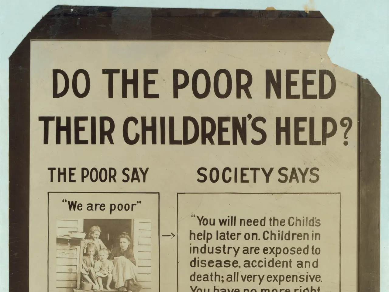The image shows a poster with text and images that reads "Do the Poor Need Their Children's Help?"