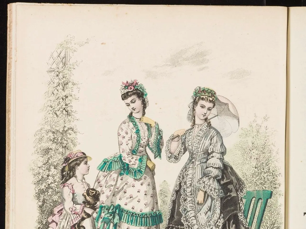 The image shows an open book with a drawing of three women in dresses and hats, one of whom is...