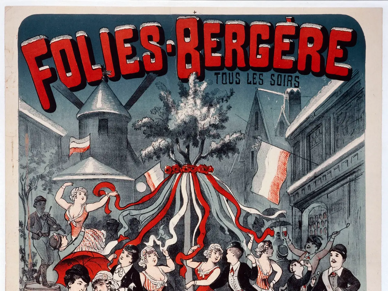 The image shows a poster for the Folies-Bergere Festival in Paris, France. It features a group of...