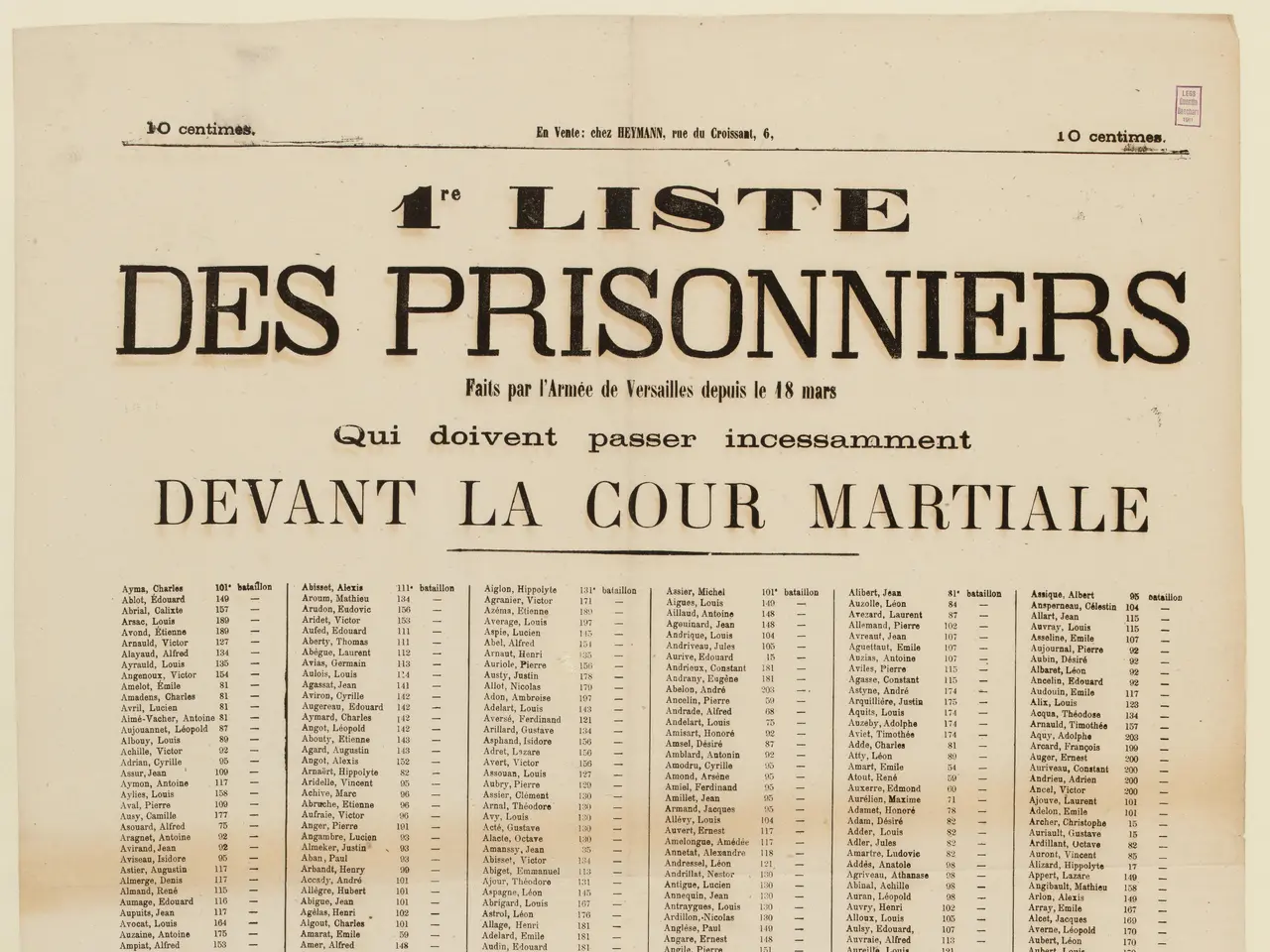 The image shows an old newspaper with a list of prisoners on it. The paper is yellowed with age and...