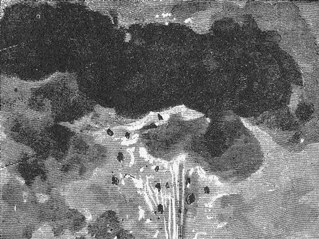 The image shows a black and white illustration of a volcano erupting from the ocean, with a whale...