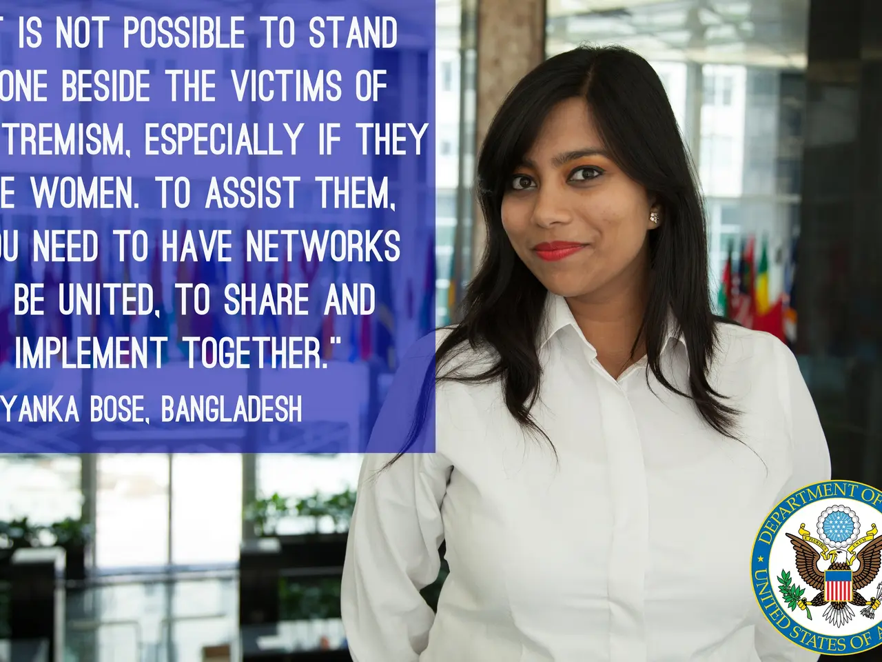 The image shows a woman standing in front of a building with a quote on it that reads, "It is not...