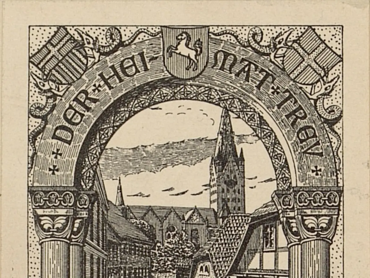 The image shows an old book with a drawing of a cityscape featuring buildings, an arch, and text....