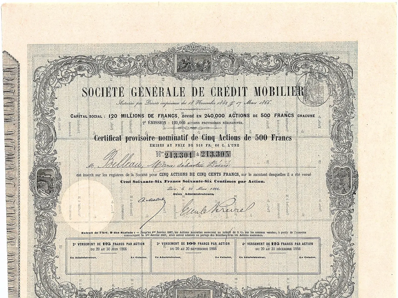 The image shows an old stock certificate issued by the Société Generale de Credit Mobilier. It is a...