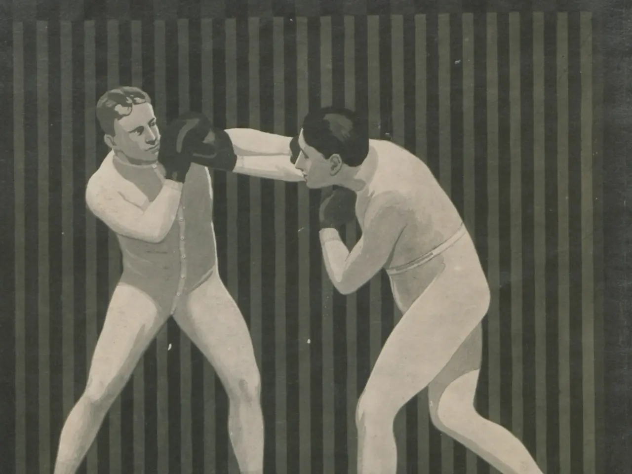 The image shows two men in a boxing ring, both wearing boxing gloves and engaged in a sparring...