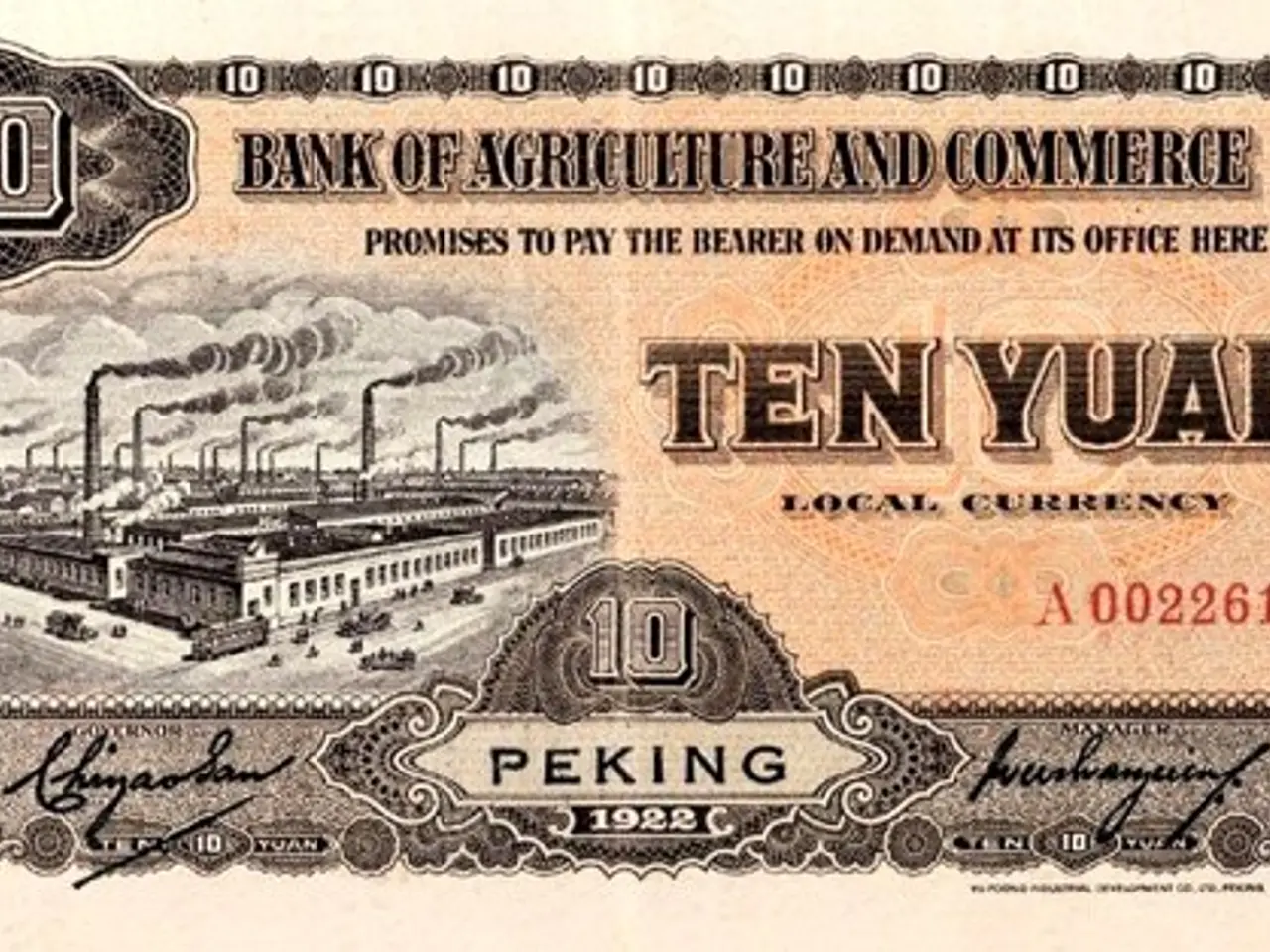 The image shows a ten yuan bank of agriculture and commerce note with a picture of a factory on it....