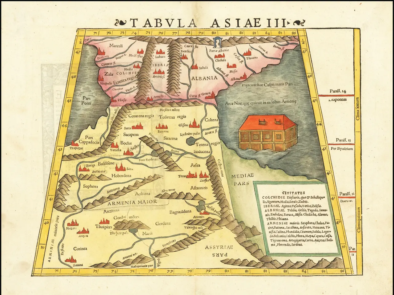The image shows an old map of the Middle East with a house in the middle of it. The map is framed...