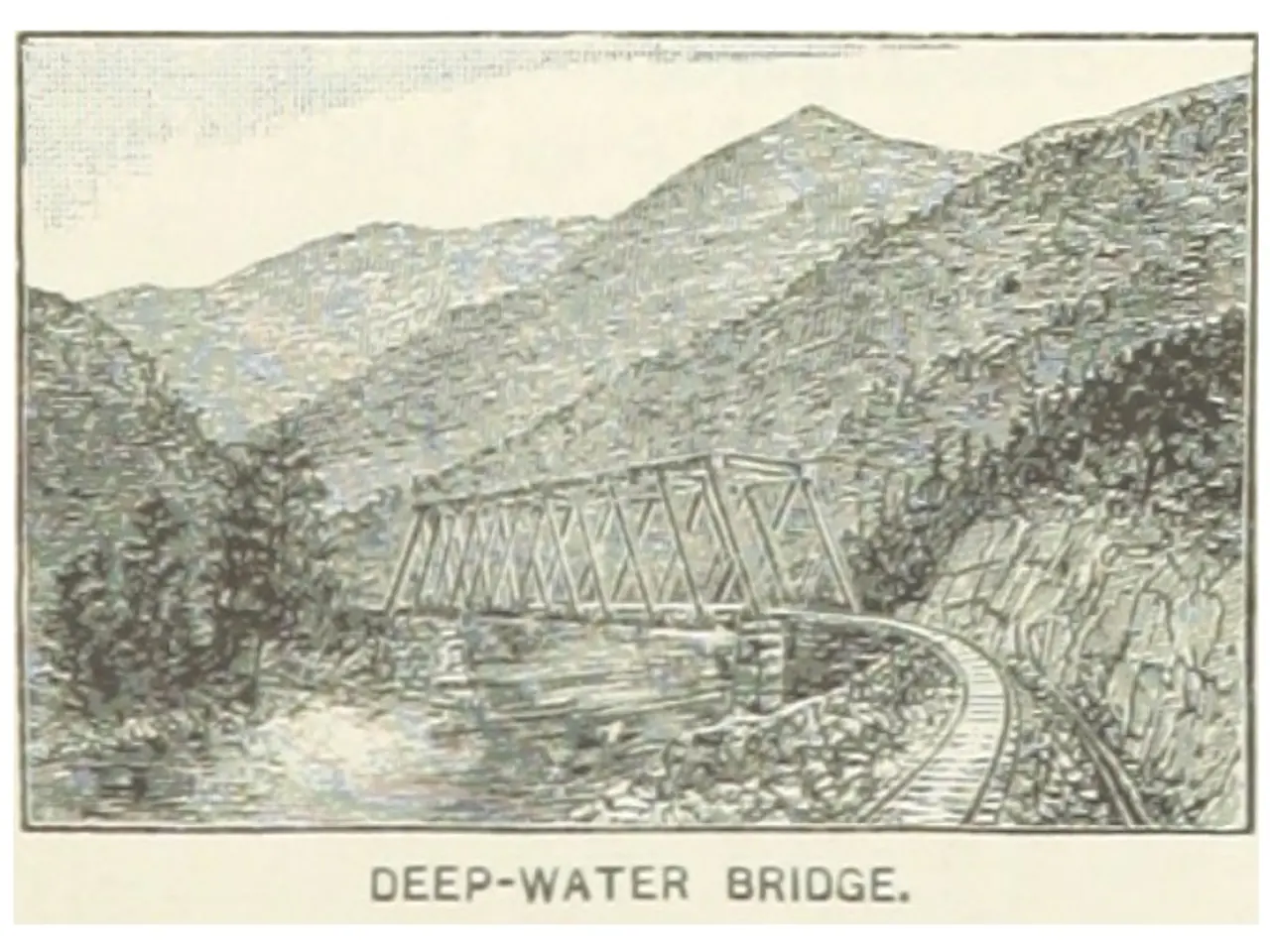 The image shows a deep-water bridge spanning a river, with hills and trees in the background. At...