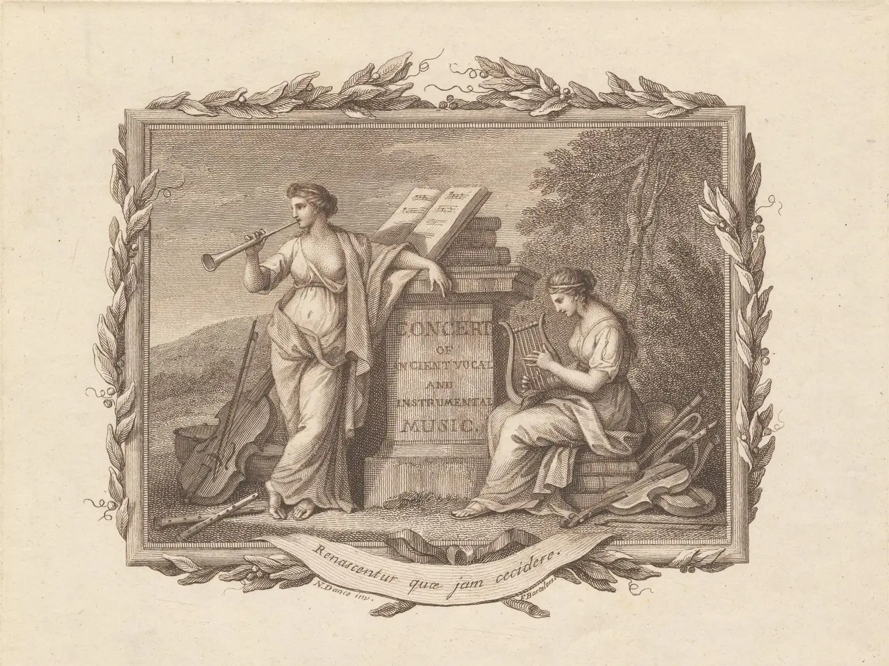 The image shows an engraving of a woman playing a flute and a man playing a harp, surrounded by...