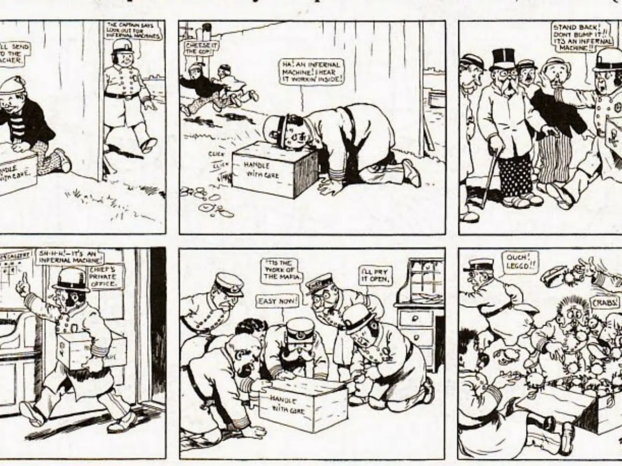 The image shows a page from a comic strip with a cartoon of a man in a suit and hat, surrounded by...
