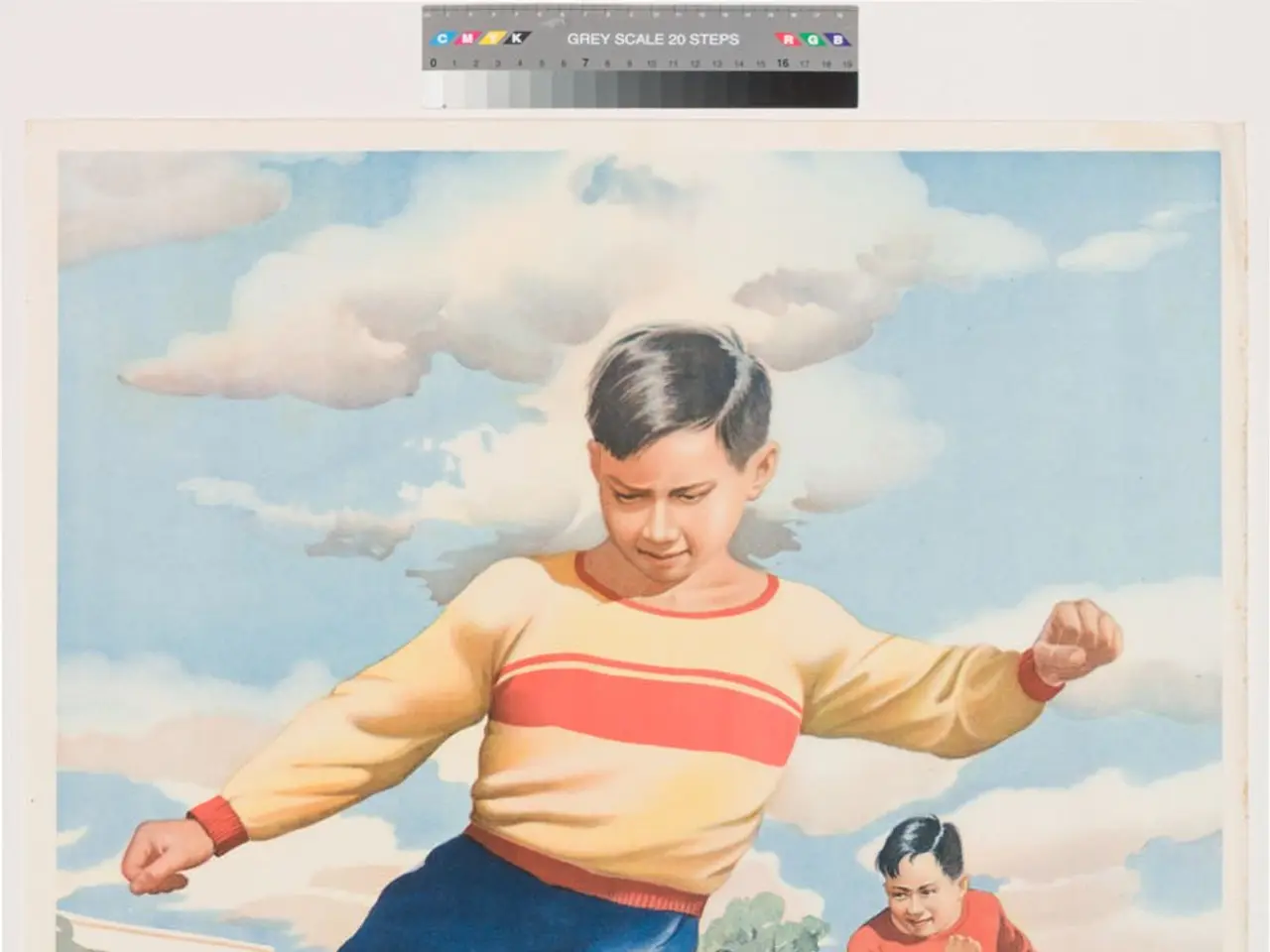 The image shows a Chinese propaganda poster depicting a young boy kicking a soccer ball on a grassy...