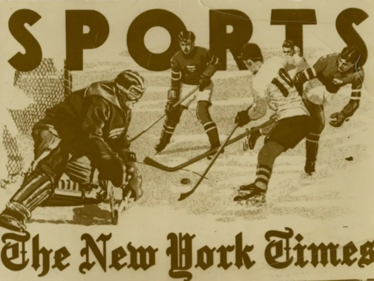 The image shows a poster of a group of people playing hockey, each holding a hockey stick and...