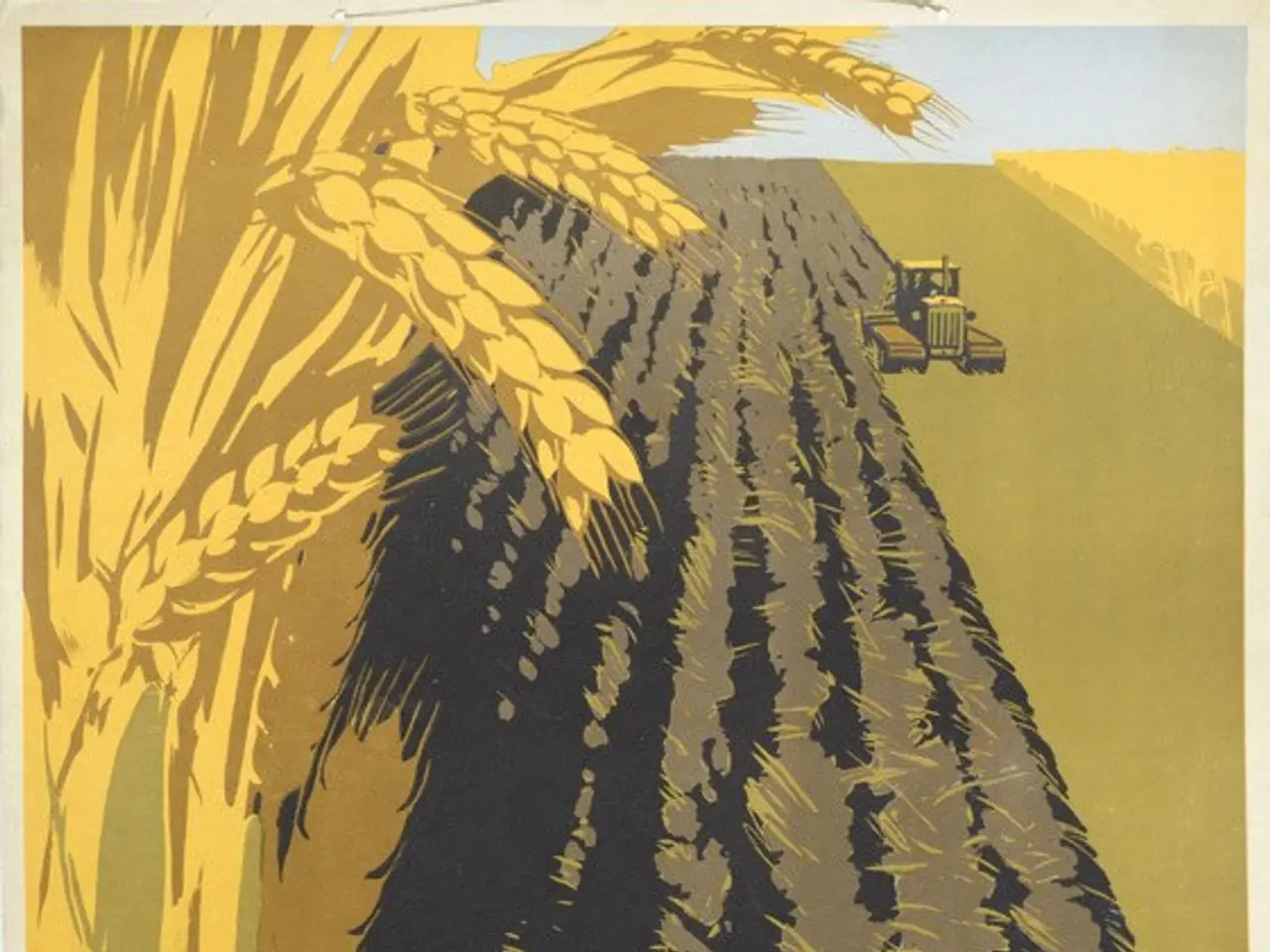 The image shows a poster with a picture of a field of wheat and a tractor in the background. The...