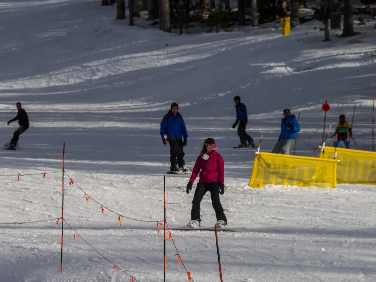 The image shows a group of people skiing down a snow covered slope. They are wearing coats, caps,...