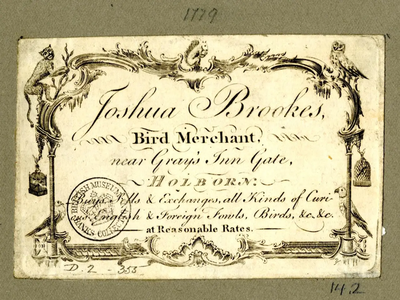The image shows an old business card with a picture of Joshua Brooks, a bird merchant, on it. The...