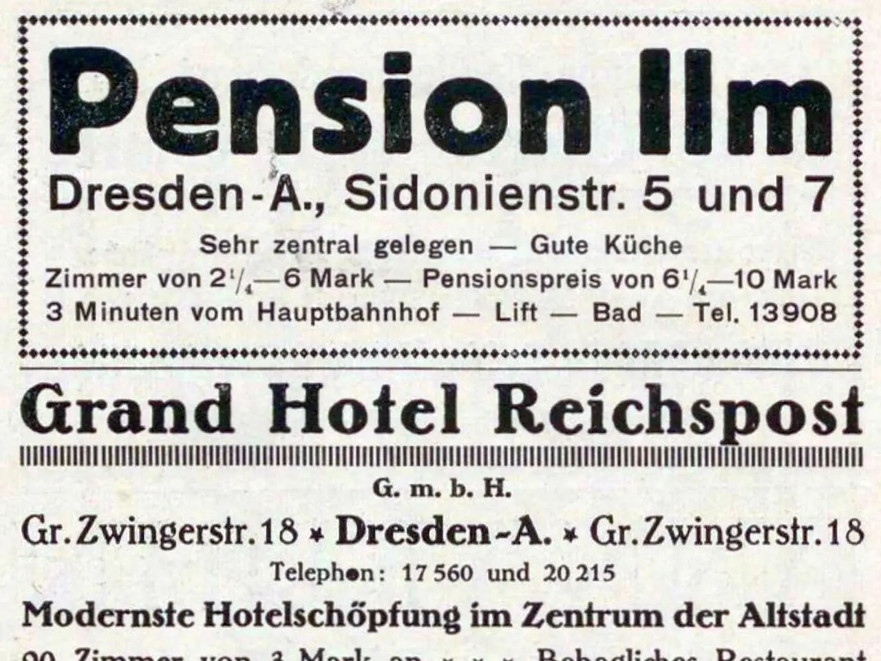 The image shows an old newspaper advertisement for the pension inn in Dresden, Germany, with black...