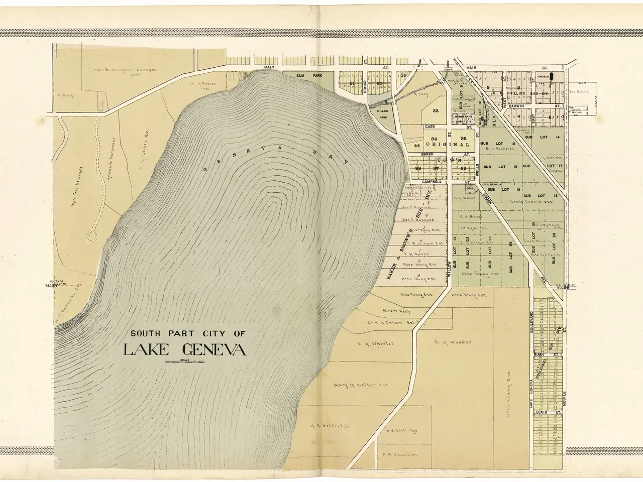 The image shows an old map of the city of Lake Geneva, with text written on it. The map is...