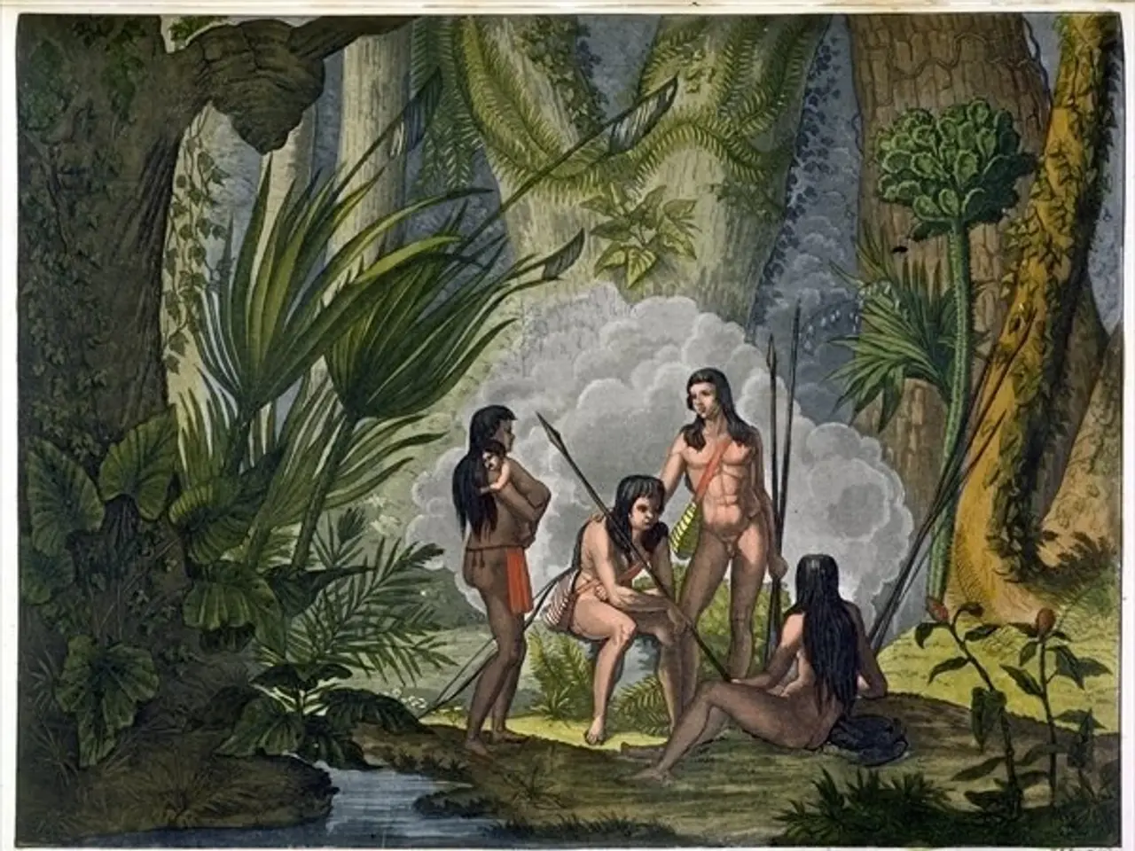 The image shows a painting of a group of people in the jungle, with trees, plants, and water in the...