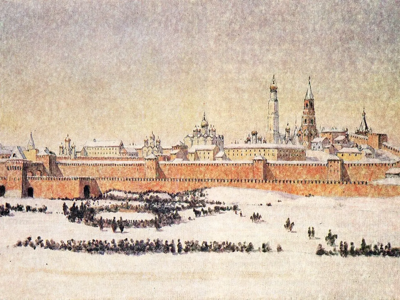 The image shows a painting of the Moscow Kremlin in the snow, with a few buildings in the...