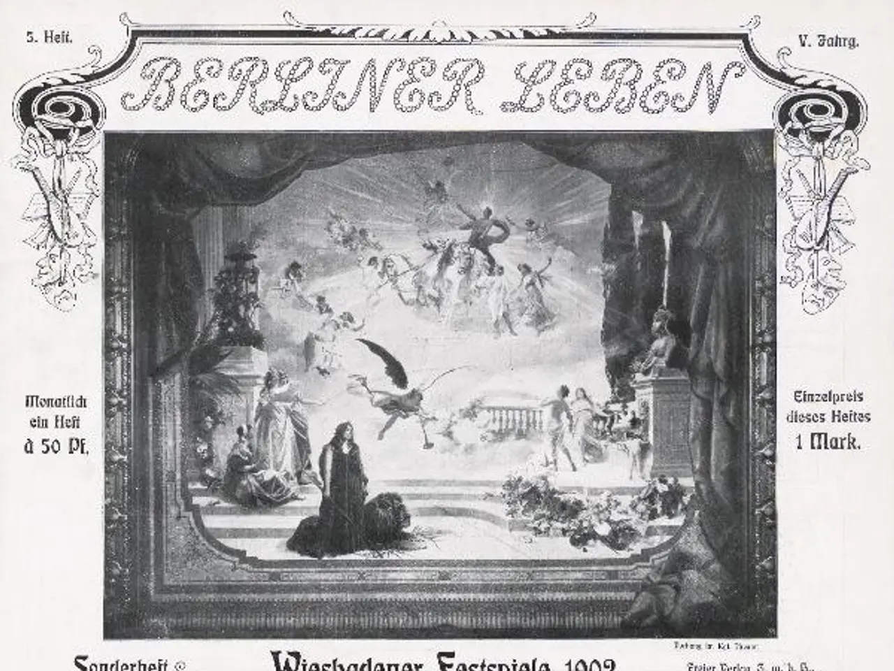 The image shows an old black and white photo of a stage with a group of people on it. The text on...