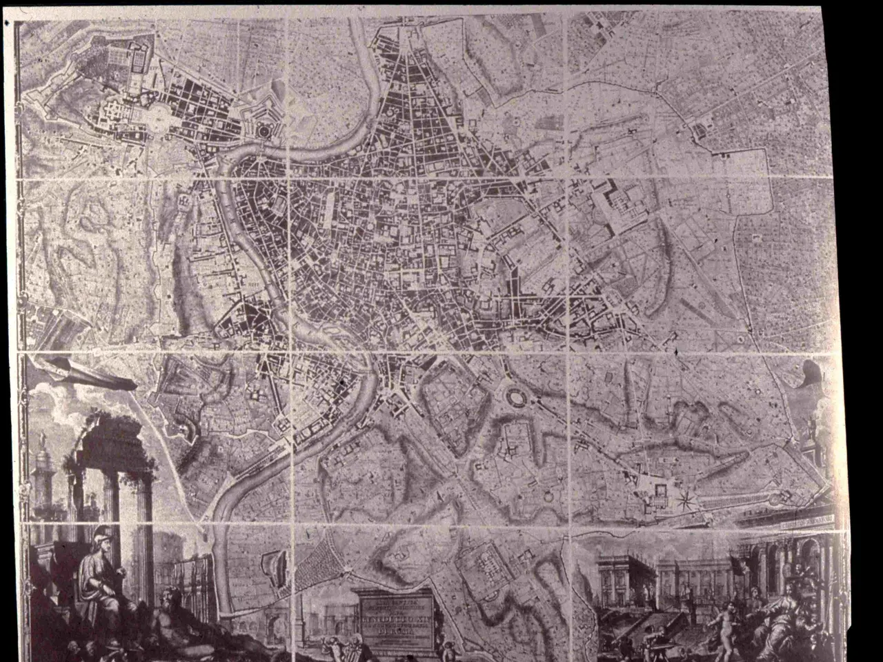 The image shows a black and white map of the city of London, with a few people, buildings, and...