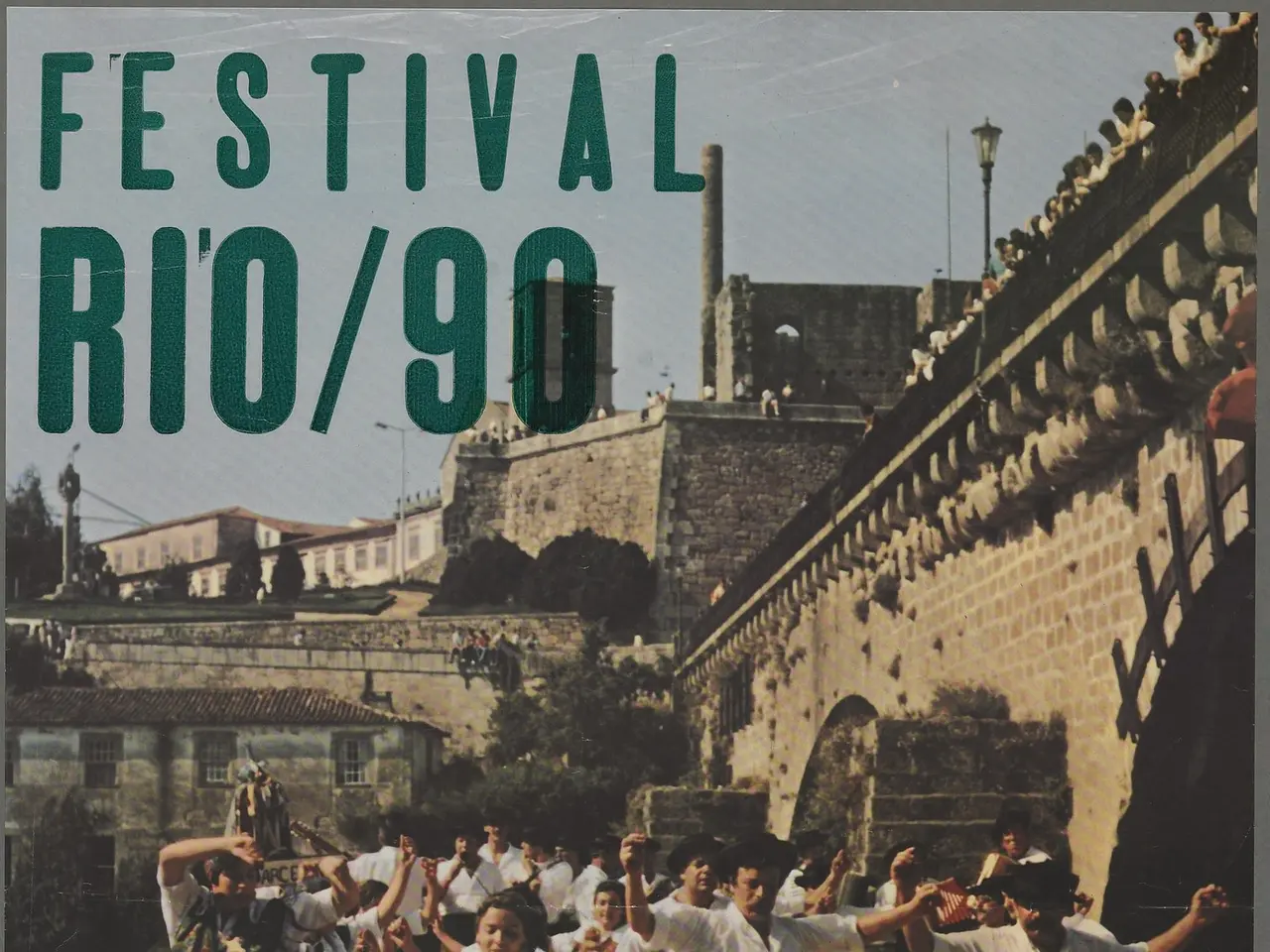 The image shows a poster for the Festival Rio/90 in Portugal, Spain, with a group of people dancing...