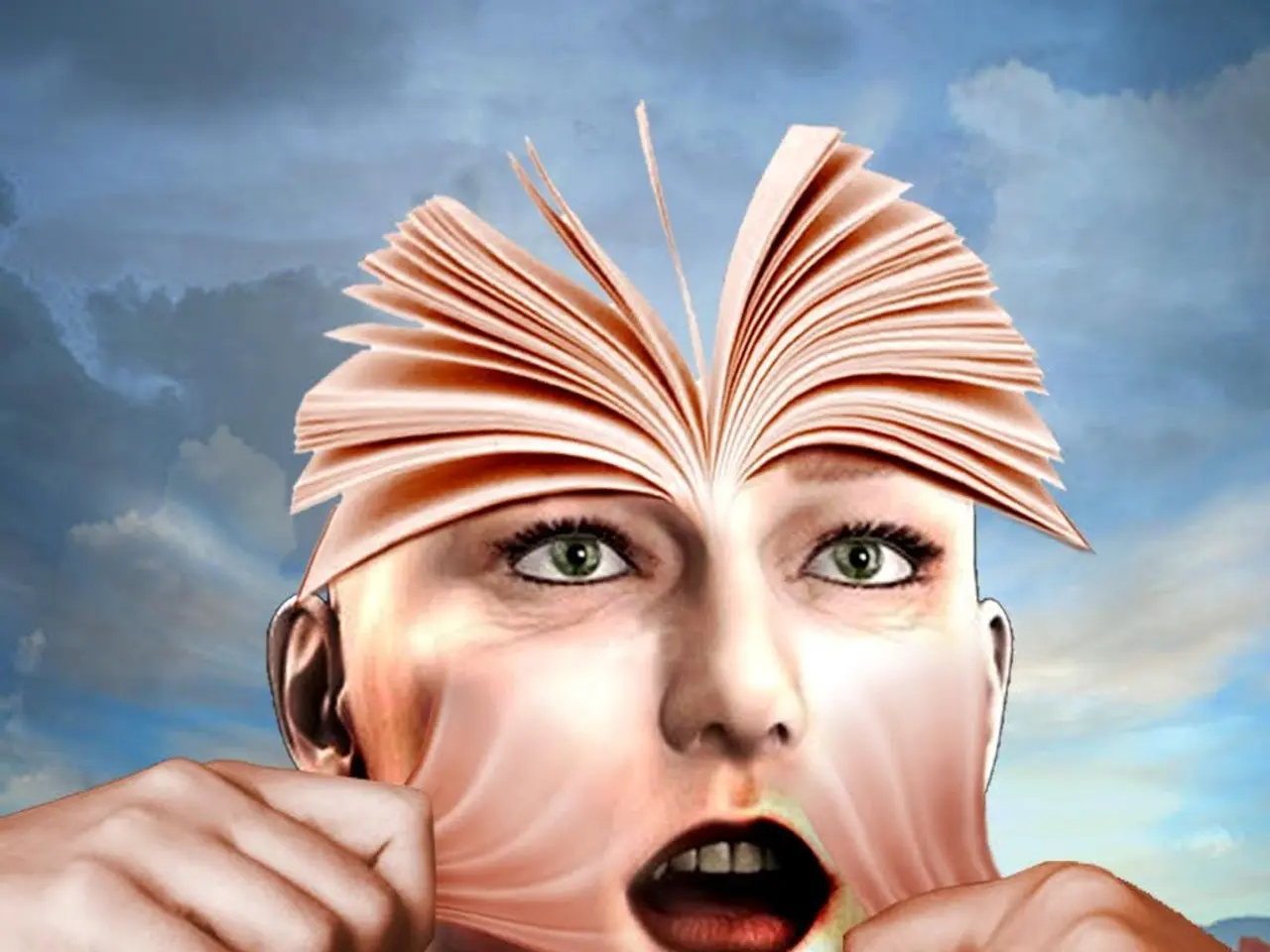 The image shows a woman with a book on her head, her hands covering her face. In the background,...