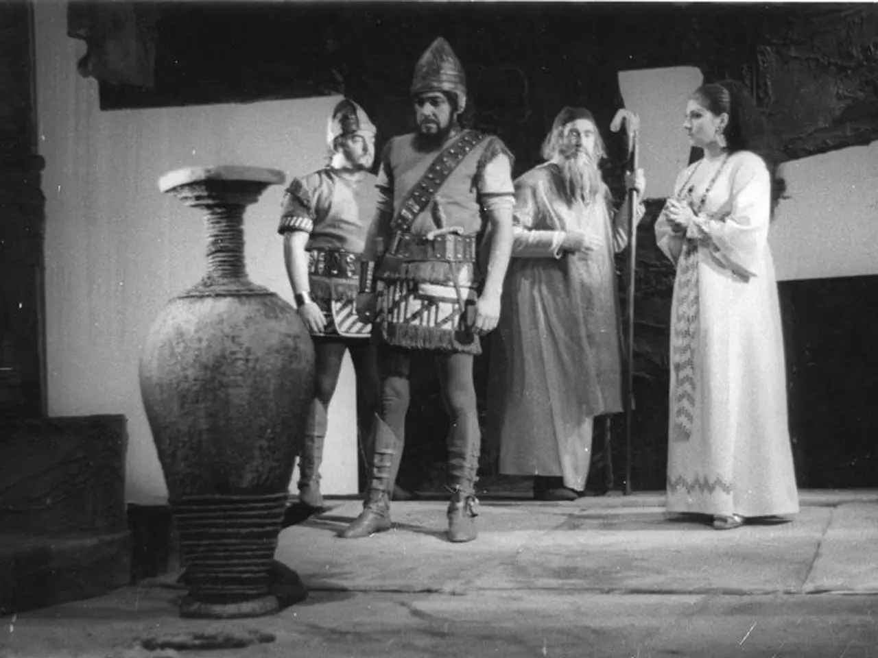 The image shows a group of four people standing next to each other on a stage, with a vase in the...