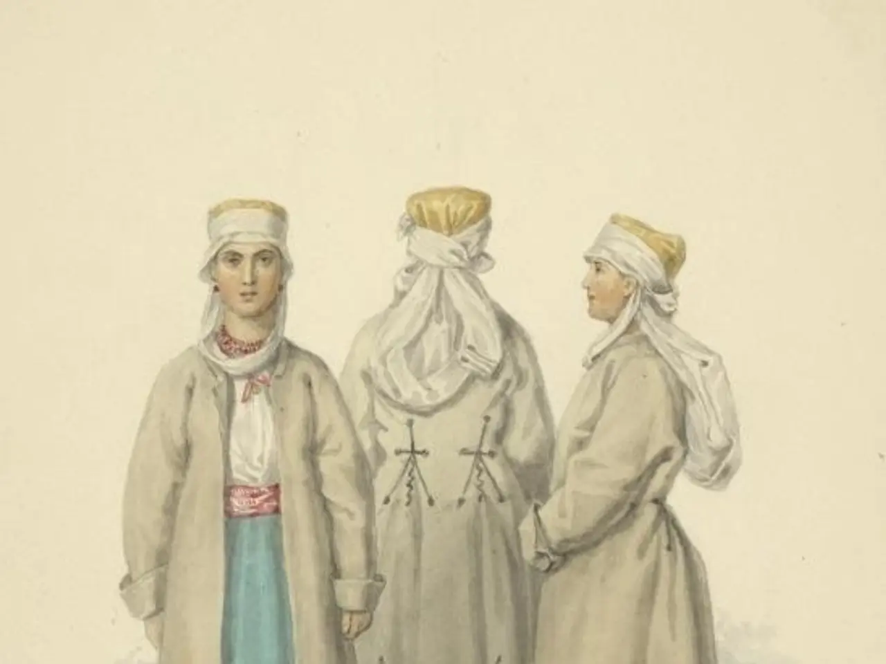 The image shows three women in traditional Russian clothing standing next to each other. They are...