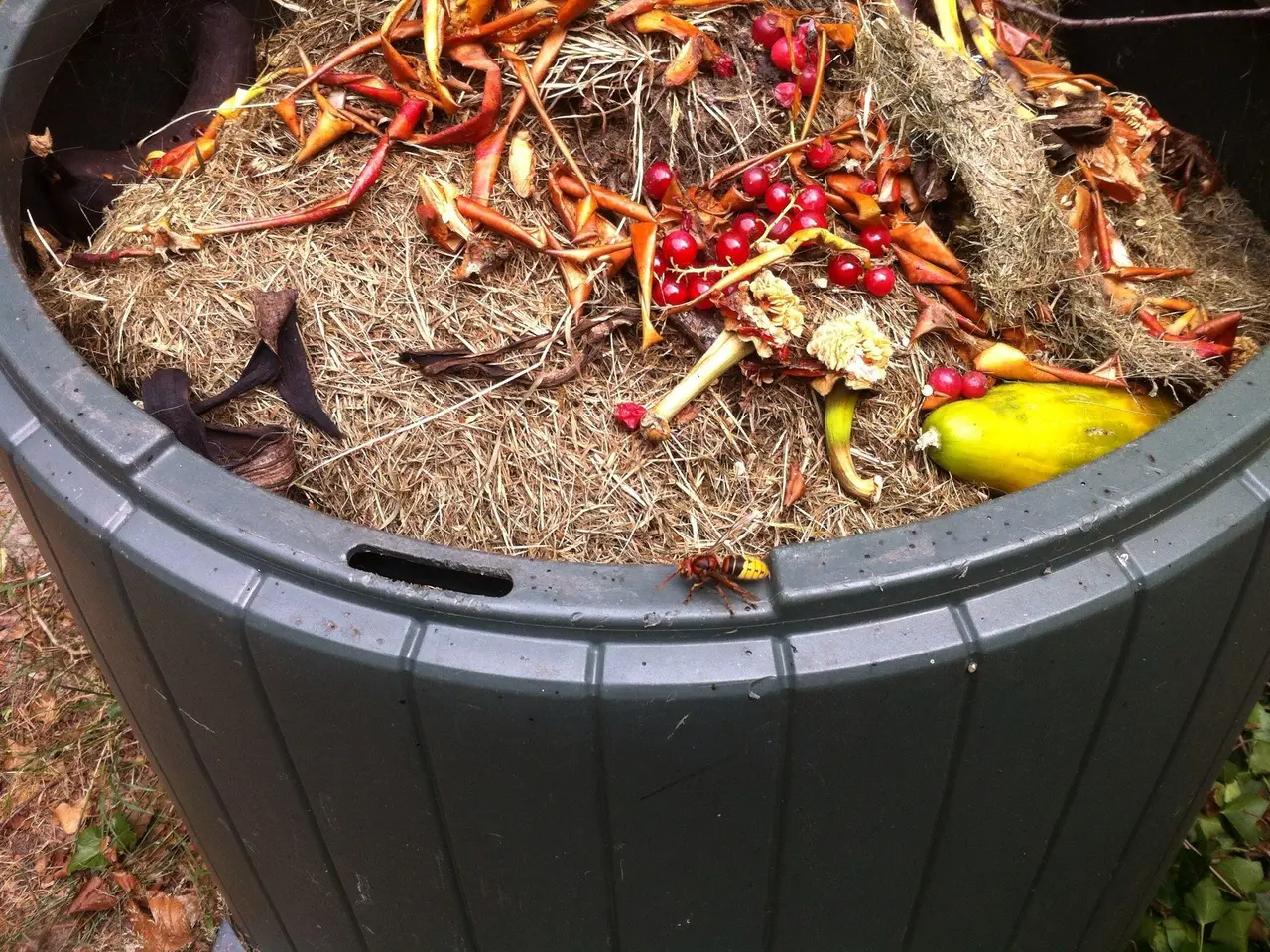 The image shows a green trash can filled with a variety of fruits and vegetables, such as apples,...