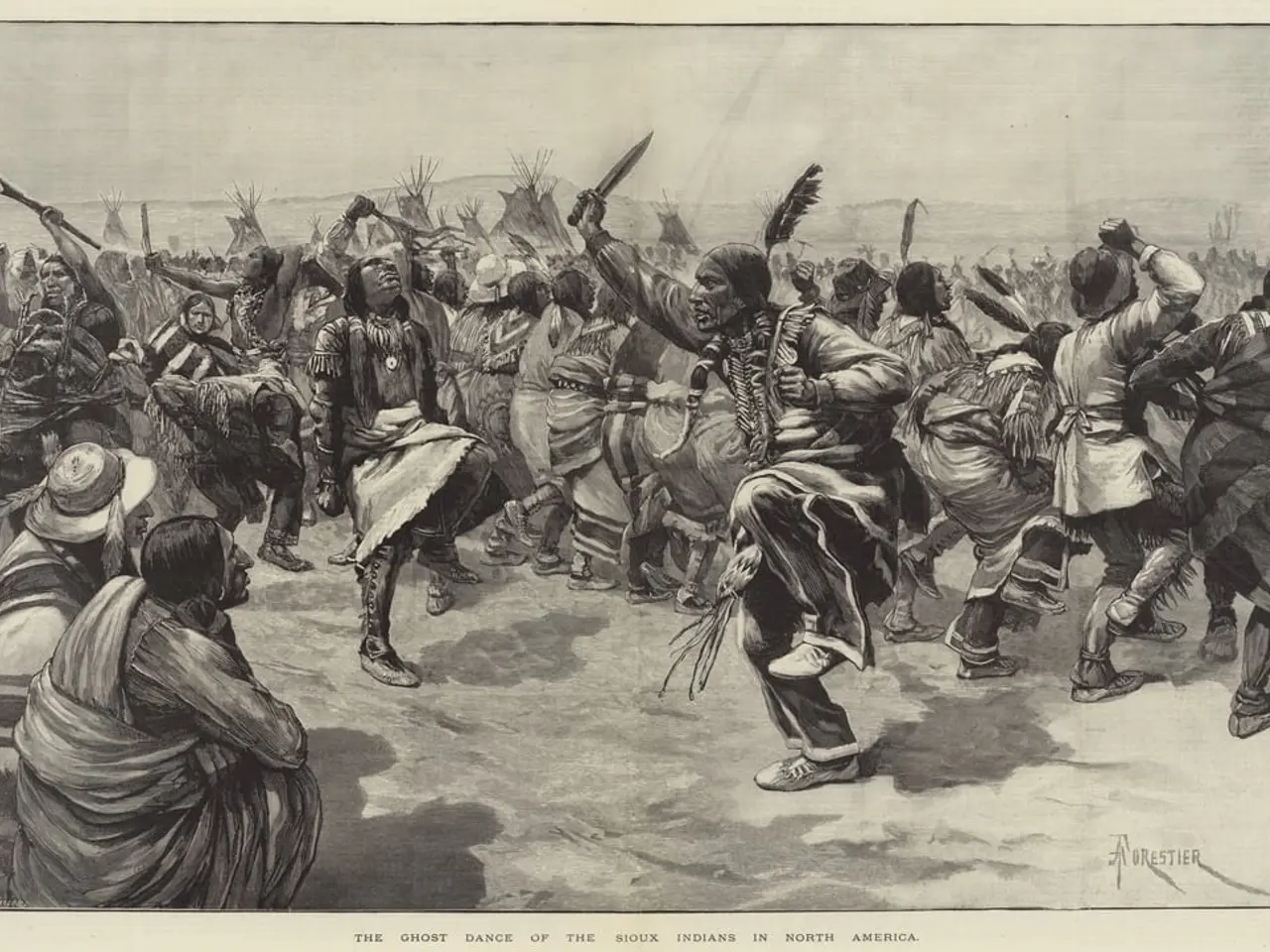 The image shows a black and white drawing of a group of people dancing in the desert, with some of...