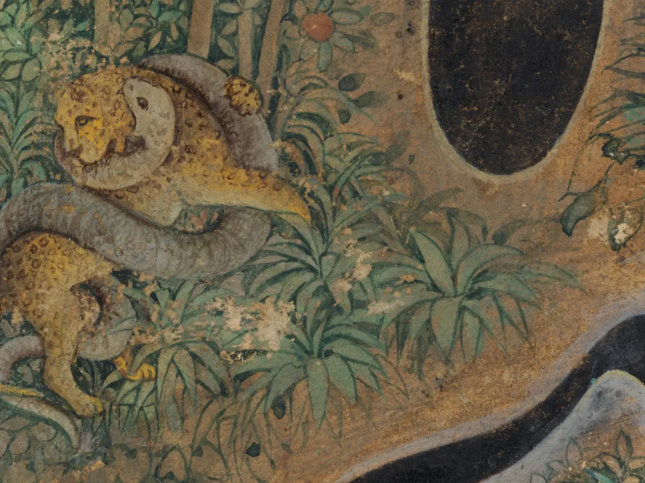 The image shows a painting of a cheetah in the jungle, surrounded by lush plants and foliage. The...