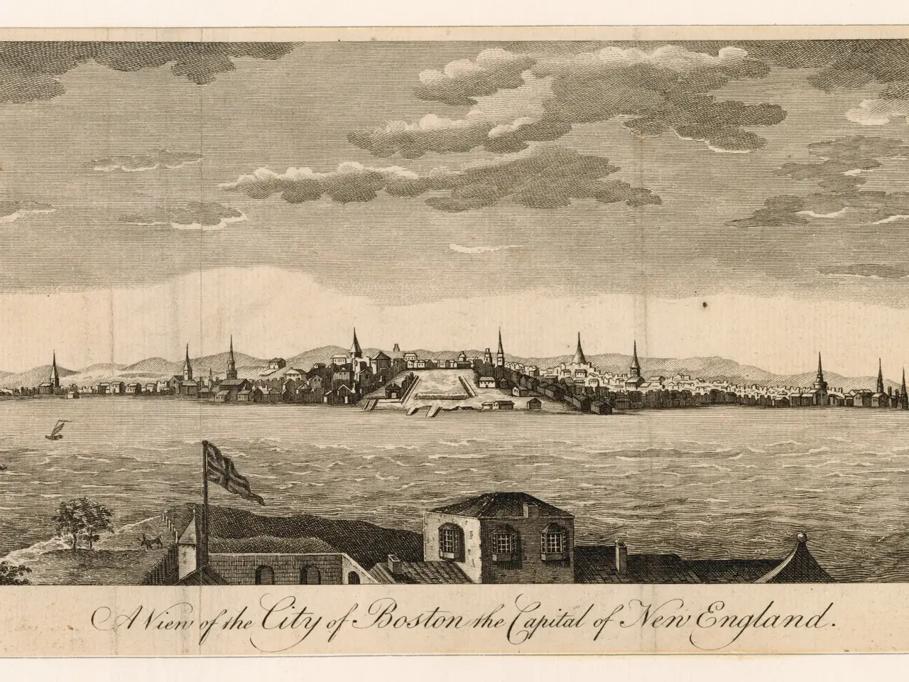 The image shows a view of the city of Boston, the capital of New England, with buildings, trees, a...
