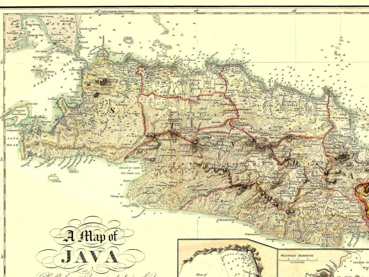 The image shows an old map of Java, Indonesia, with text at the bottom. It is a detailed map,...