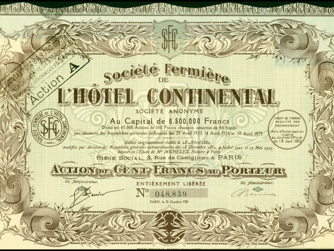 The image shows an old stock certificate issued by the Society Fermière de l'Hotel Continental. The...