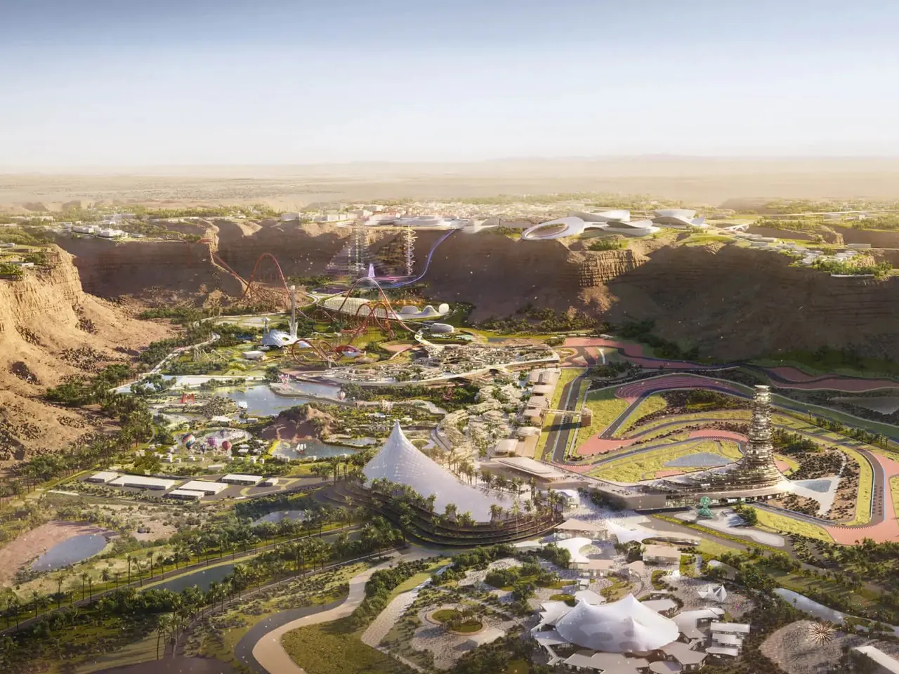 The image shows an aerial view of a city in the middle of a desert, with buildings, trees, roads,...