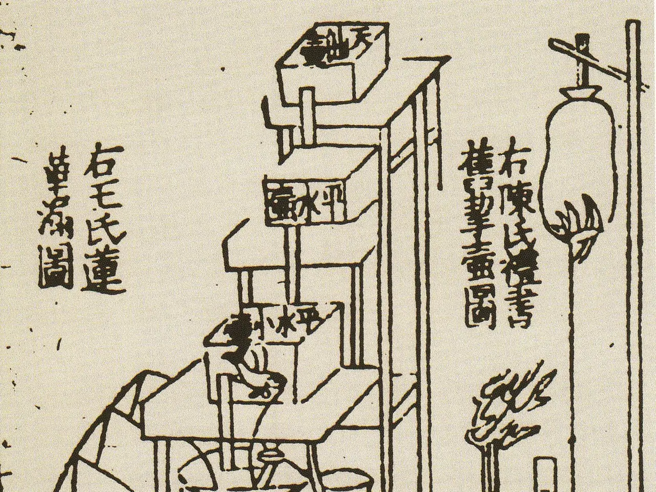 The image shows a poster with a drawing of a table with Chinese writing on it, as well as a few...