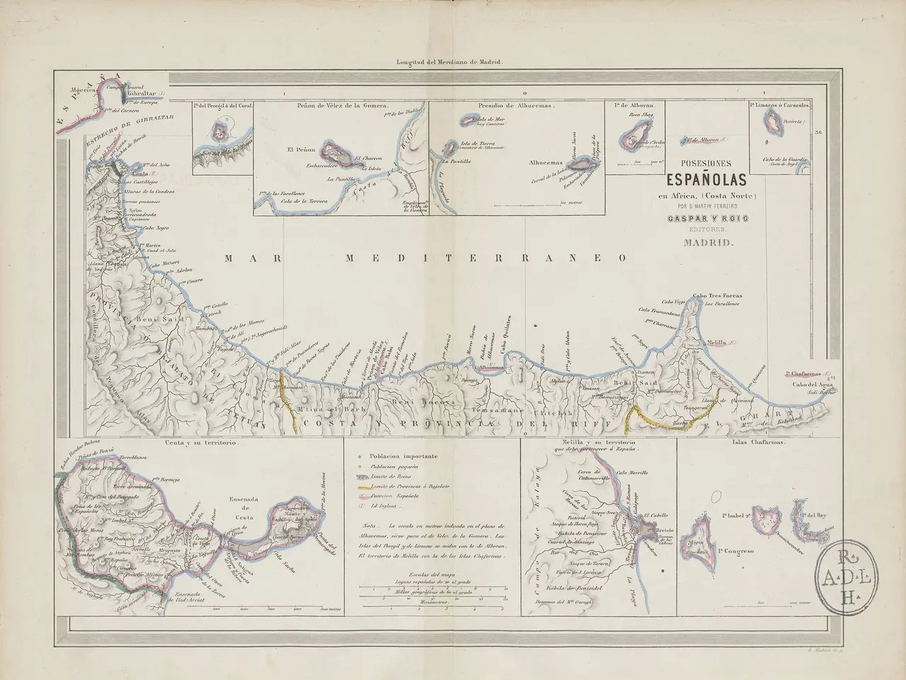 The image shows an old book with a map of Spain and the Mediterranean Sea on it. The map is...