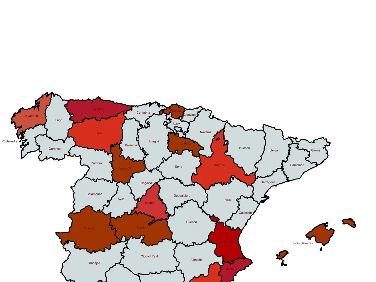 The image shows a map of Spain with different colors representing the percentage of people living...