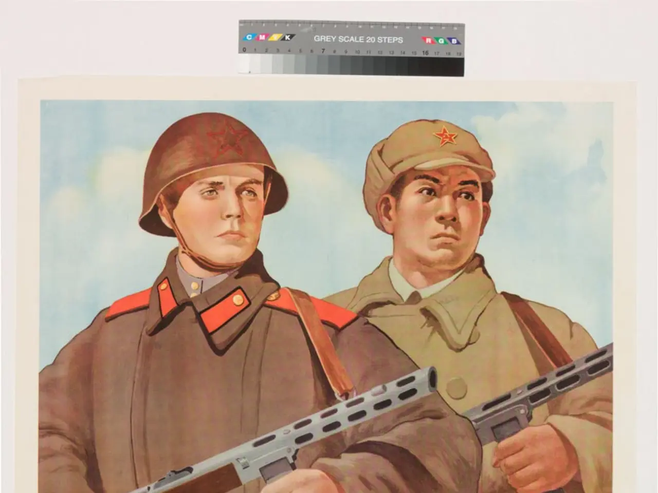 The image shows a propaganda poster for the Soviet Union featuring two men in military uniforms,...