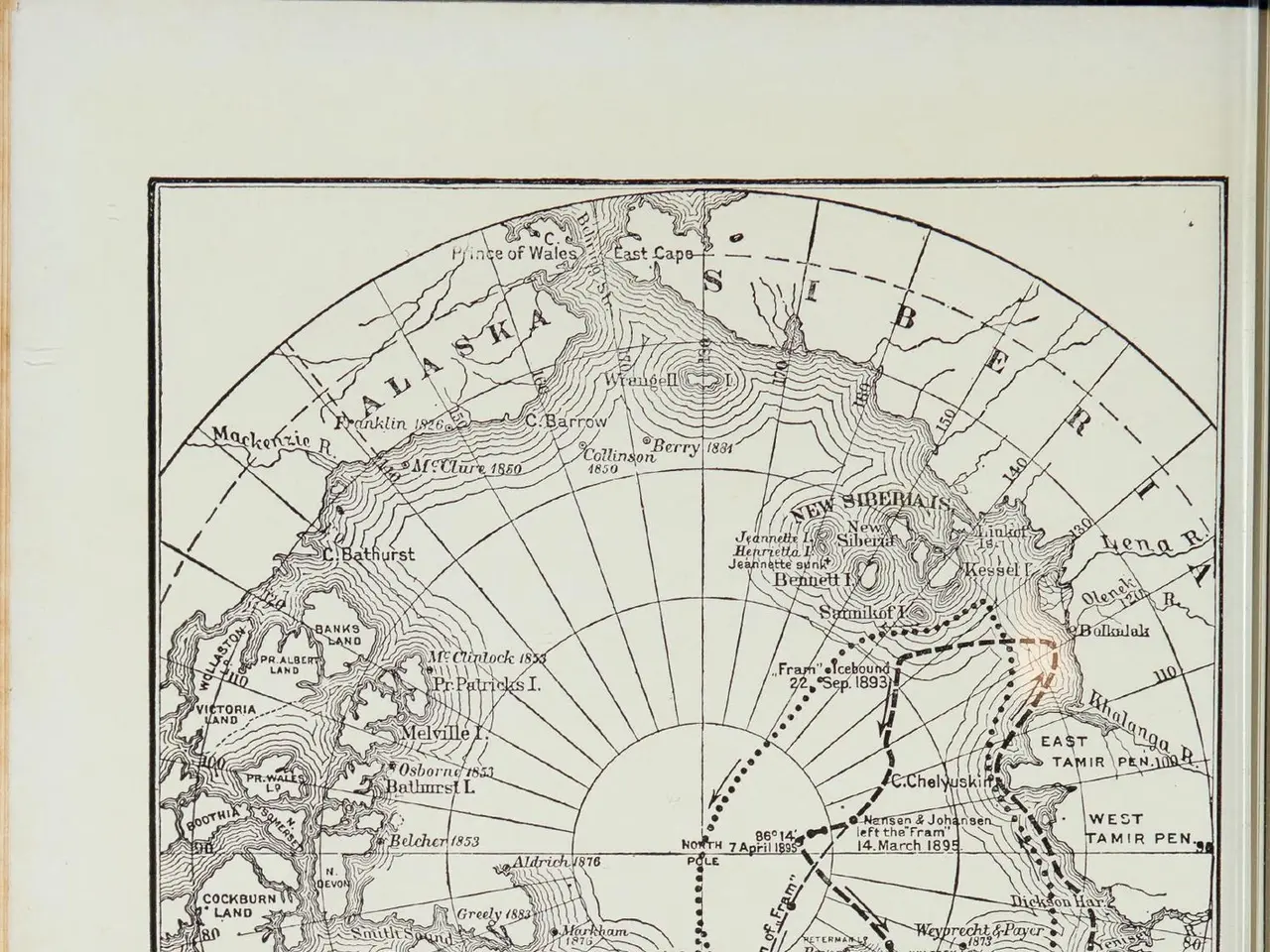 The image shows an old book with a map of the Arctic region on it. The map is detailed and shows...
