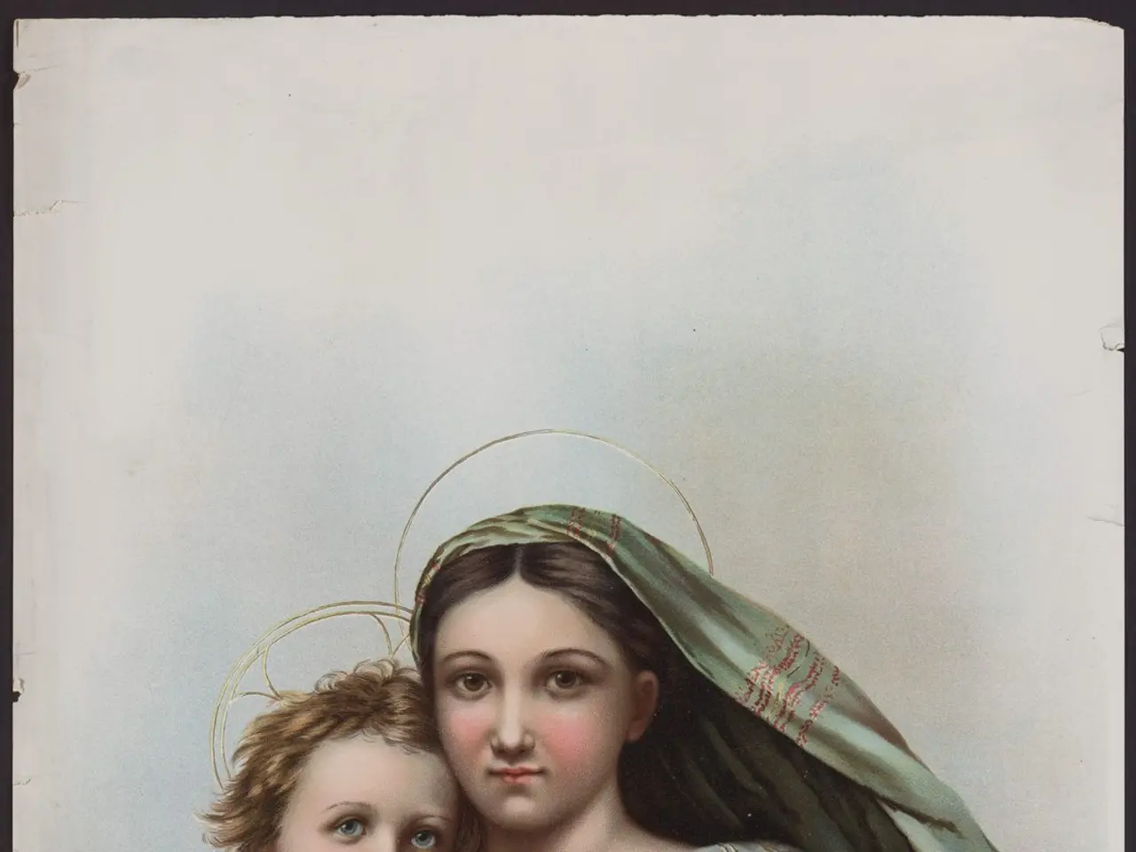 The image shows a woman wearing a red and blue dress, cradling a baby in her arms. Her face is...