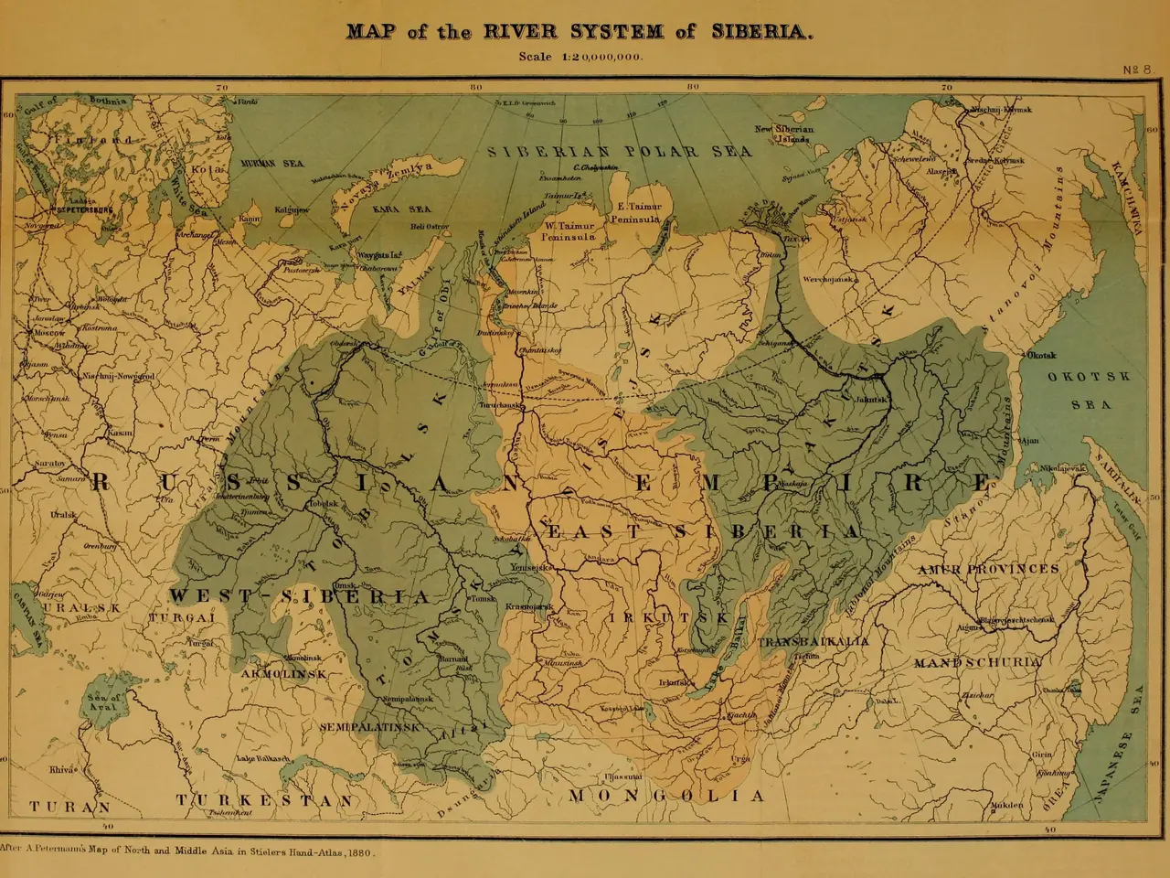 The image shows an old map of the river system of Siberia, with text at the top and bottom of the...