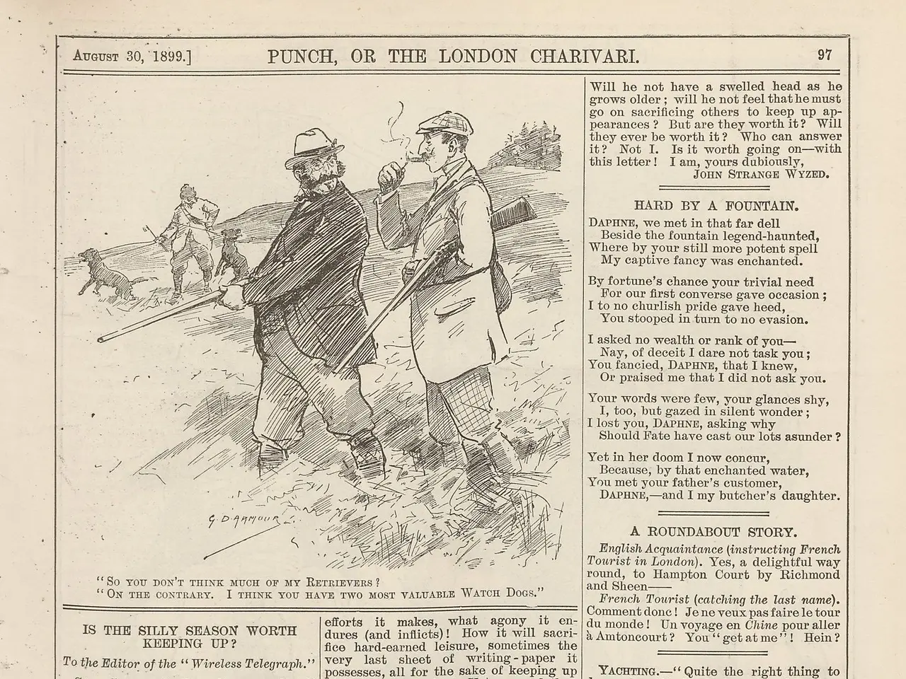 The image shows an old book with a drawing of two men playing golf, one of them holding a golf club...