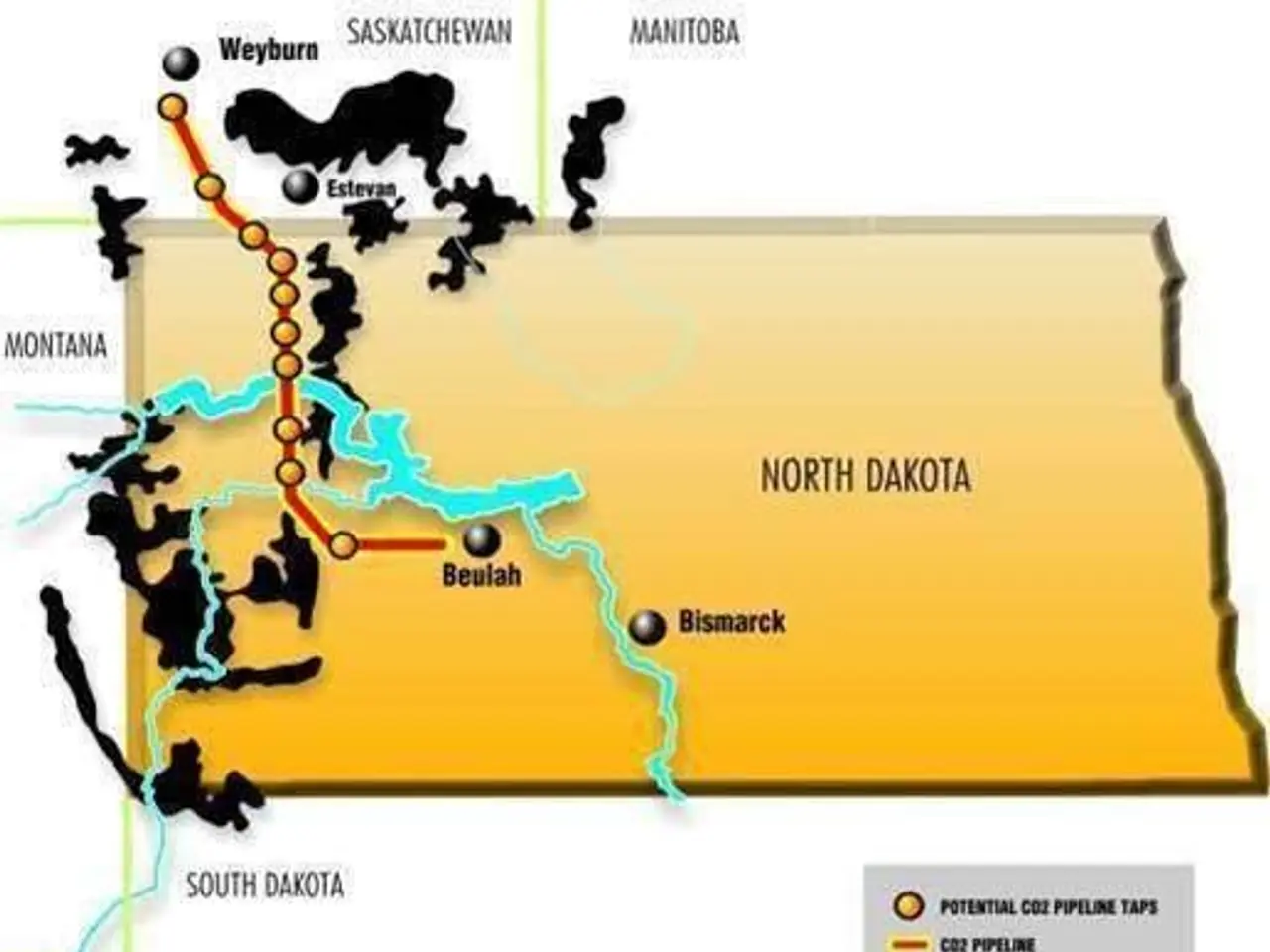 The image shows a map of North Dakota with the proposed pipeline route highlighted. The text on the...