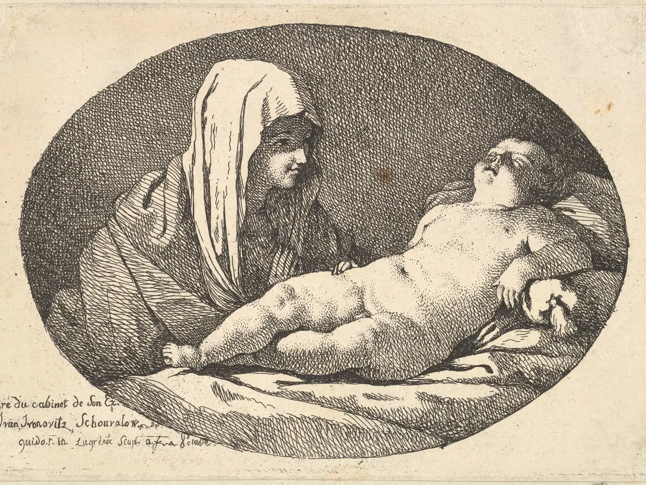 The image shows a black and white drawing of a woman holding a baby in her arms. The woman has a...