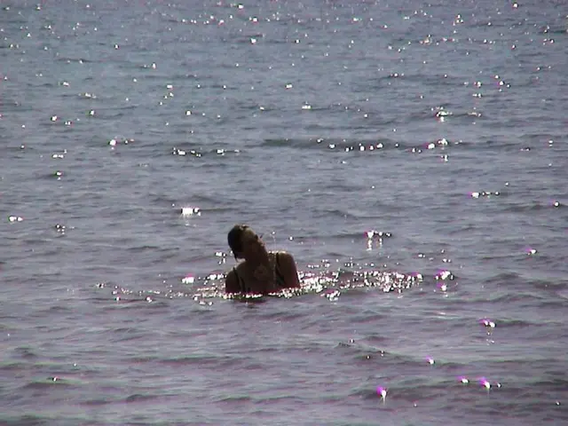 Woman submerged beneath water by a canine in a waterway