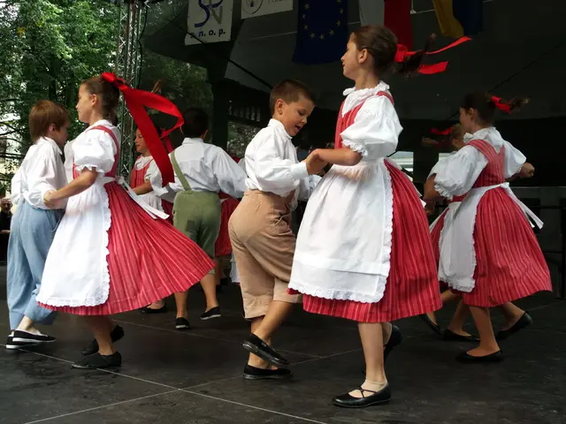 Children joyfully performing a dance routine for German sports enthusiasts in the 'Old Forest'...
