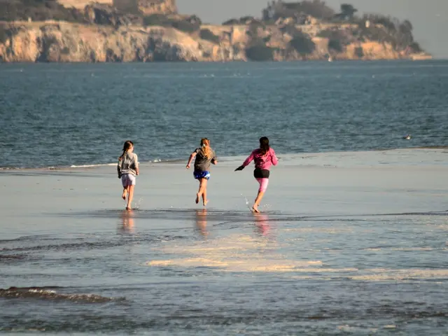 There are three kids running in a beach area as we can see in the middle of this image. We can see...